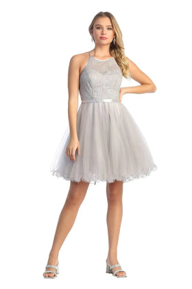 Cindy Collection 1607 Corset Halter Dress with Floral Lace and Tulle Skirt