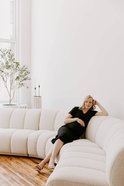 Black Tea Length Maternity Short Sleeve Everyday Breastfeeding Dress with Panel