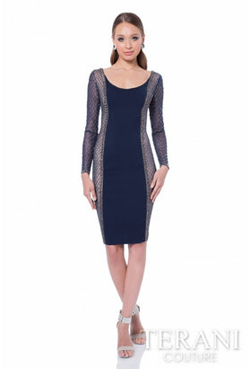Terani Couture 1611C0023A Cocktail Homecoming Beaded Short Navy Formal Polyester Dress