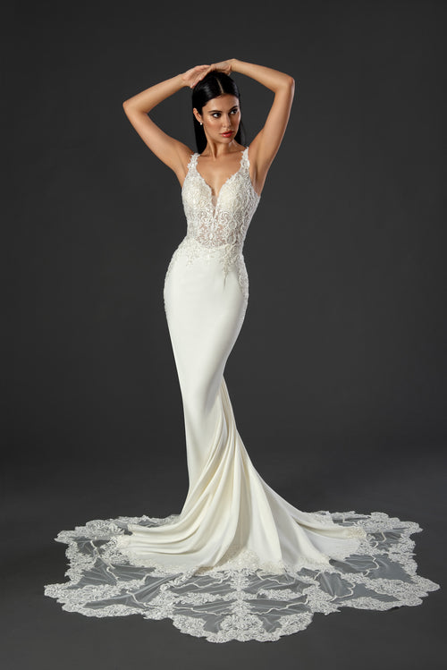 Elegant Lace Mermaid Evening Gown with Deep V-Neck & Open Back Sweep Train by Stella Couture 21073