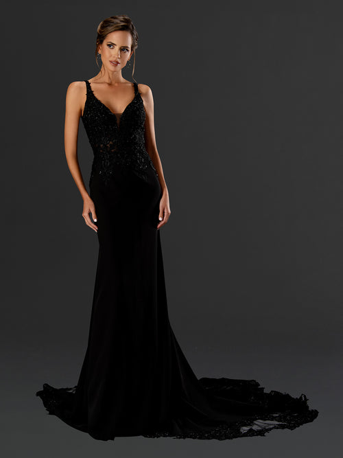 Elegant Lace Mermaid Evening Gown with Deep V-Neck & Open Back Sweep Train by Stella Couture 21073