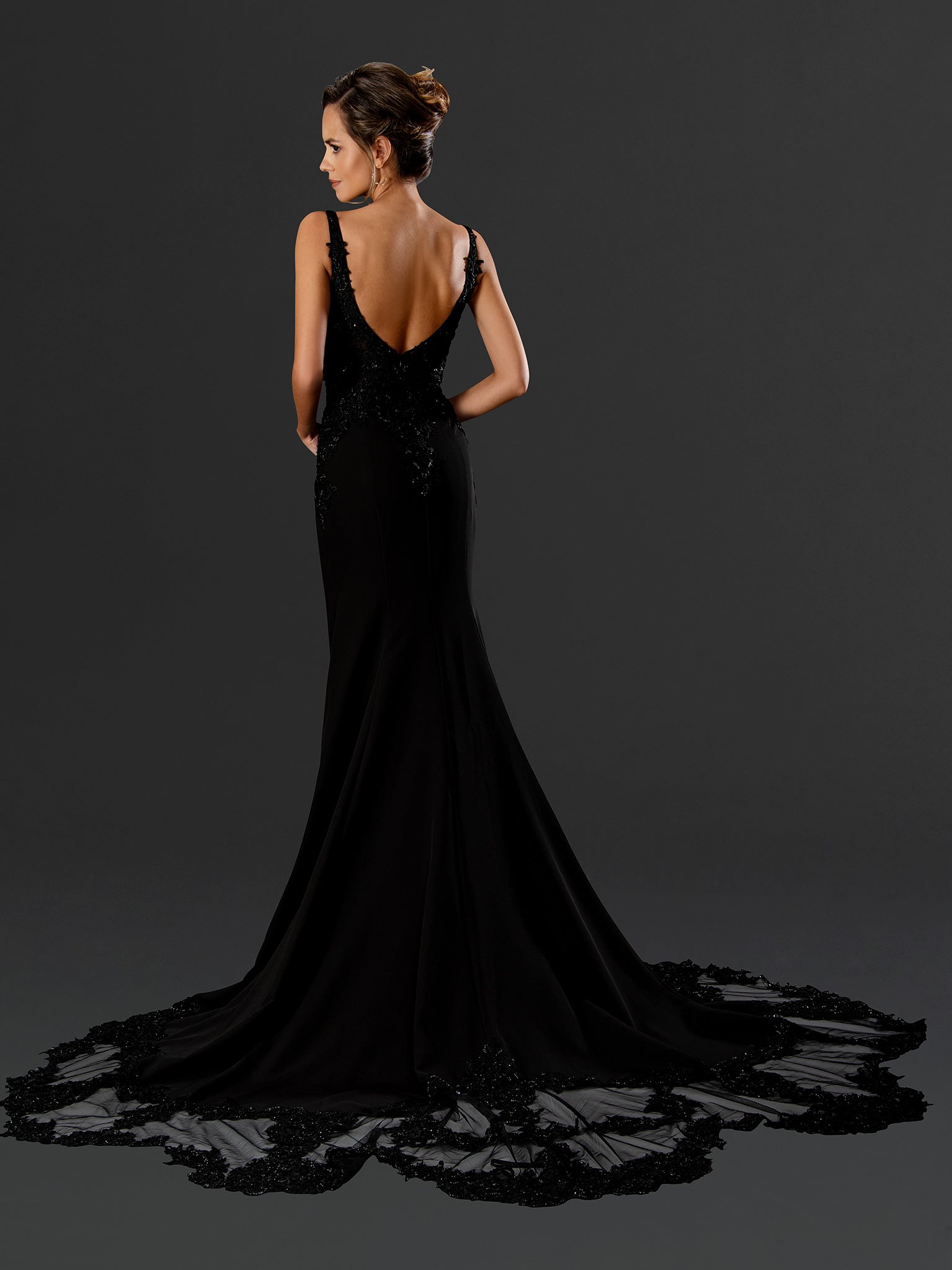 Elegant Lace Mermaid Evening Gown with Deep V-Neck & Open Back Sweep Train by Stella Couture 21073
