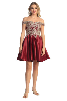 Cindy Collection 1648 Off Shoulder Lace Embroidered Satin Dress