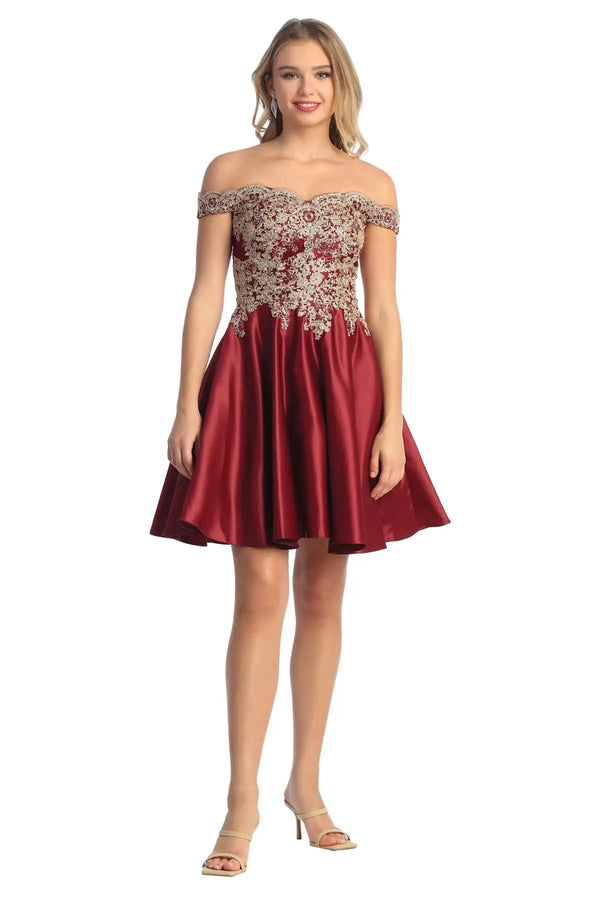 Cindy Collection 1648 Off Shoulder Lace Embroidered Satin Dress