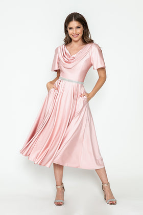 Lenovia 5296 Short Sleeve Satin Cowl Neck Tea Length Dress