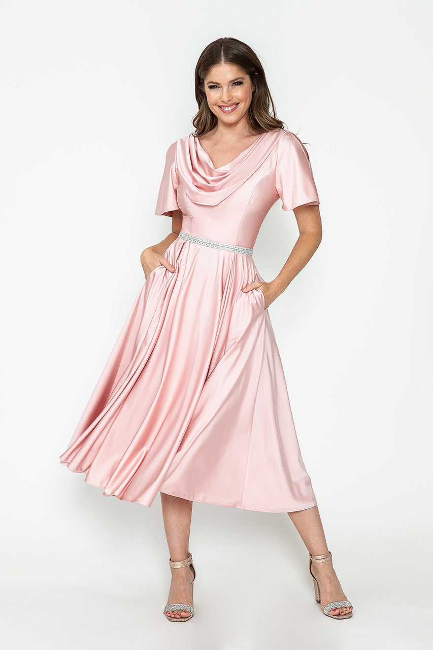 Lenovia 5296 Short Sleeve Satin Cowl Neck Tea Length Dress