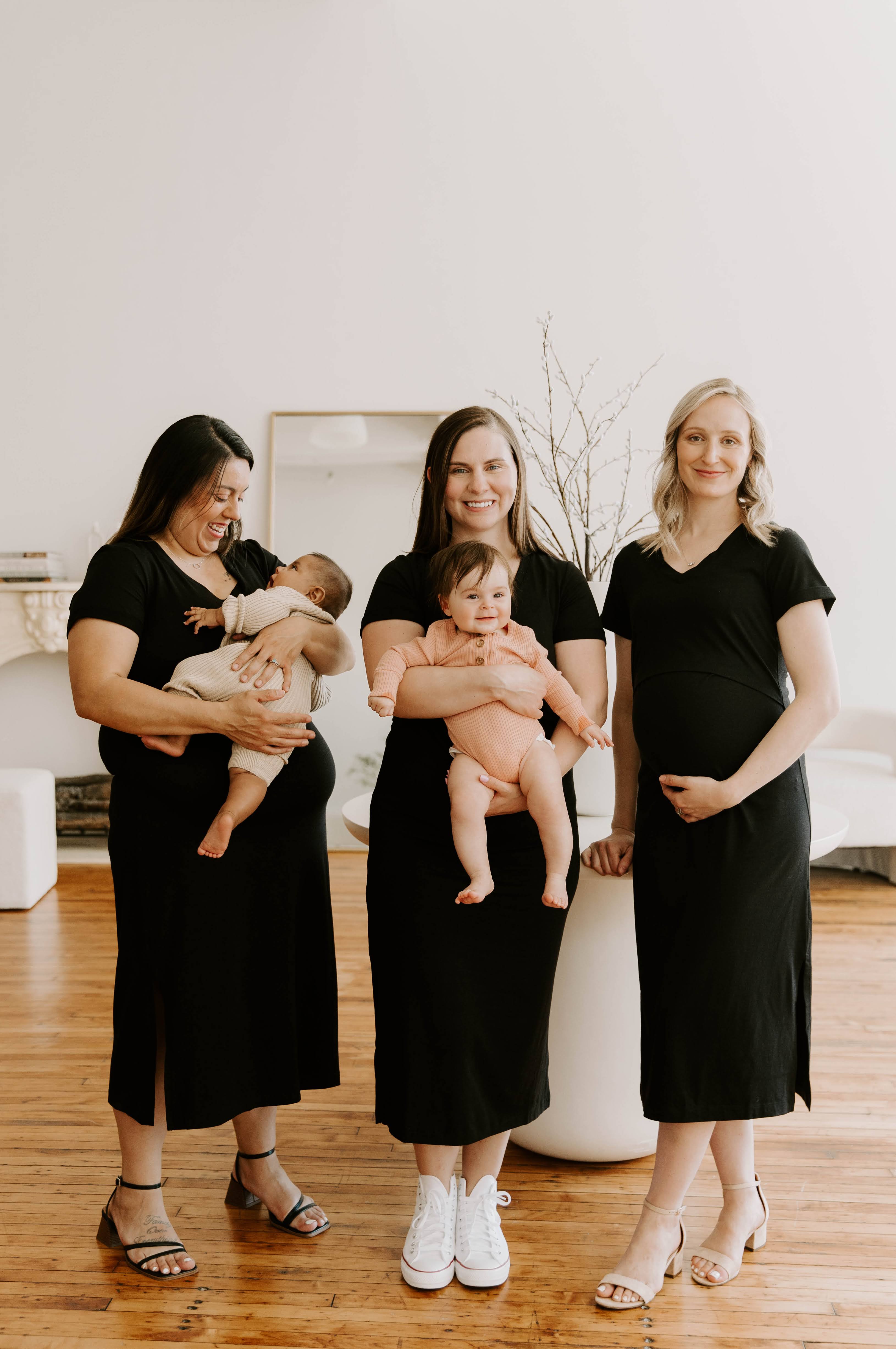 Black Tea Length Maternity Short Sleeve Everyday Breastfeeding Dress with Panel