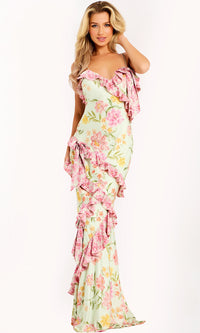 Floral Ruffle Maxi Gown in Spaghetti Strap Spring Garden Formal Dress by Jovani 47236