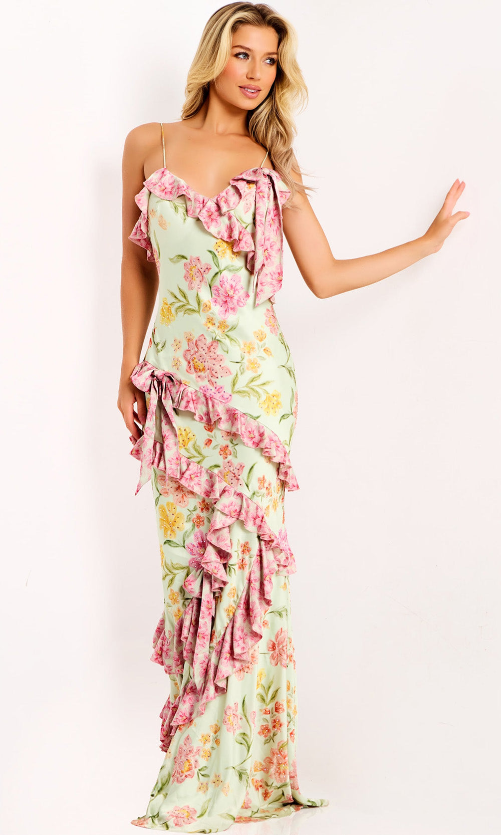 Floral Ruffle Maxi Gown in Spaghetti Strap Spring Garden Formal Dress by Jovani 47236