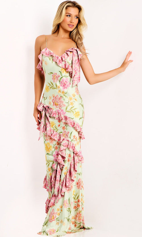 Floral Ruffle Maxi Gown in Spaghetti Strap Spring Garden Formal Dress by Jovani 47236