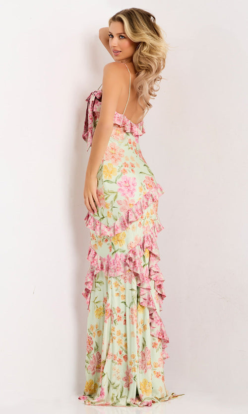 Floral Ruffle Maxi Gown in Spaghetti Strap Spring Garden Formal Dress by Jovani 47236