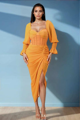 Yellow Long Sleeve Chiffon Dress with Slit by Athina Retail AD6457