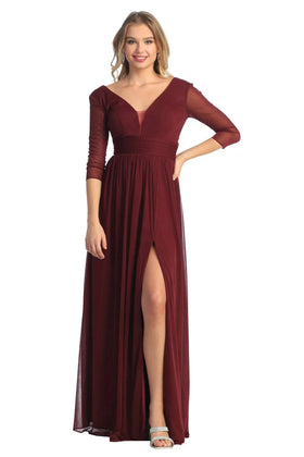 Cindy Collection 1697 Long Sleeve A-Line Satin Dress with Side Slit