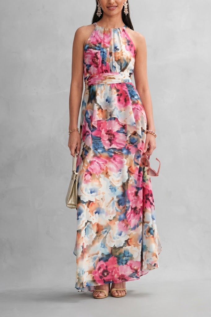 Fuchsia Floral High Neck Special Occasion Dress with Ruffle Detail and Chiffon by R&M Richards 3428