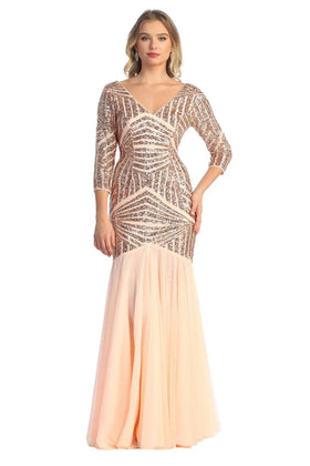 Cindy Collection 1717 Sequin Embroidered Mermaid Dress with 3/4 Sleeves