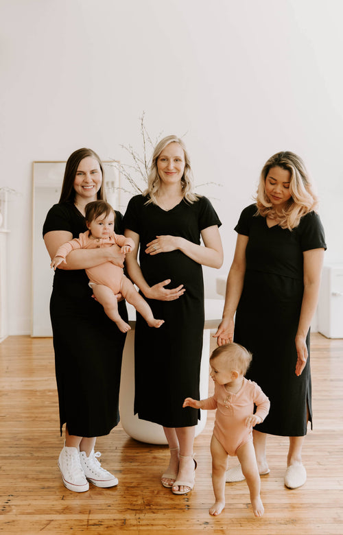 Navy Tea Length Short Sleeve Maternity Everyday Breastfeeding Dress with Panel