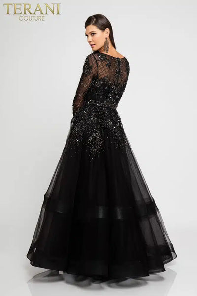 Terani Couture 1722M4354 Evening V-Neck BallDress Long Sleeve Formal Black Beaded Dress