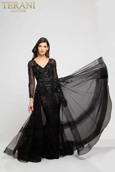 Terani Couture 1722M4354 Evening V-Neck BallDress Long Sleeve Formal Black Beaded Dress