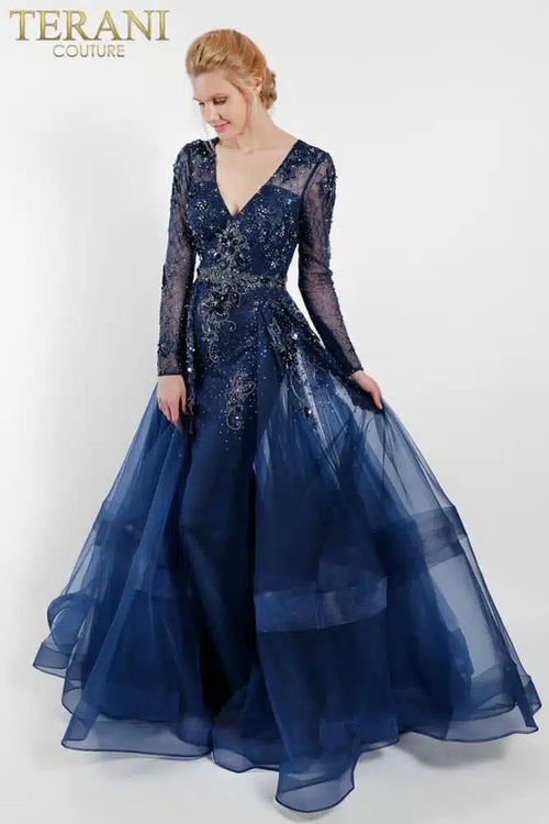 Terani Couture 1722M4354 Evening V-Neck BallDress Long Sleeve Formal Black Beaded Dress
