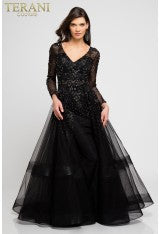 Terani Couture 1722M4354 Evening V-Neck BallDress Long Sleeve Formal Black Beaded Dress
