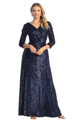 Cindy Collection 1731 Sequined Full Cover Evening Dress with 3/4 Sleeves