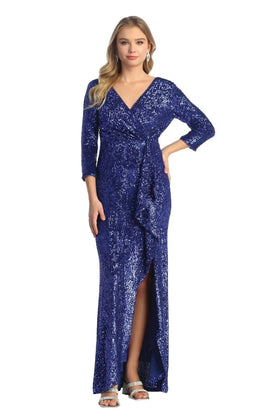 Cindy Collection 1752 Sequin Full-Covered Shimmer Dress with 3/4 Sleeves