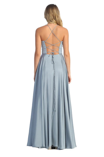 Cindy Collection 1757 Slit Leg Satin A Line Corset Dress with Tailored Pockets
