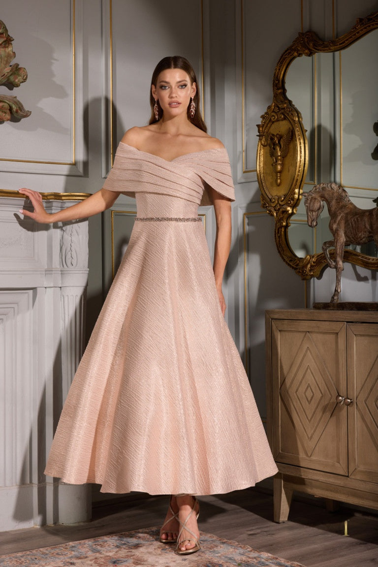 rose gold off the shoulder dress Off-Shoulder Pleated Gown With Full Rose Gold Embroidered Top With Cap –  Maryam Omaira AE main image 1