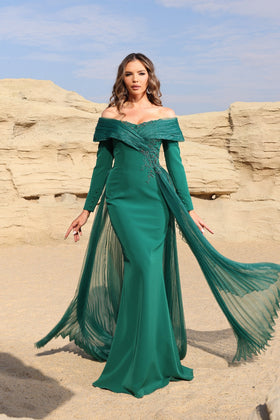 Terani Couture 252M5316 Sophisticated Evening Pleated Long Formal Stretch Satin Dress