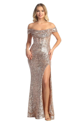 Cindy Collection 1759 Shimmer Sequined Off-Shoulder Corset Dress with Structured Bodice