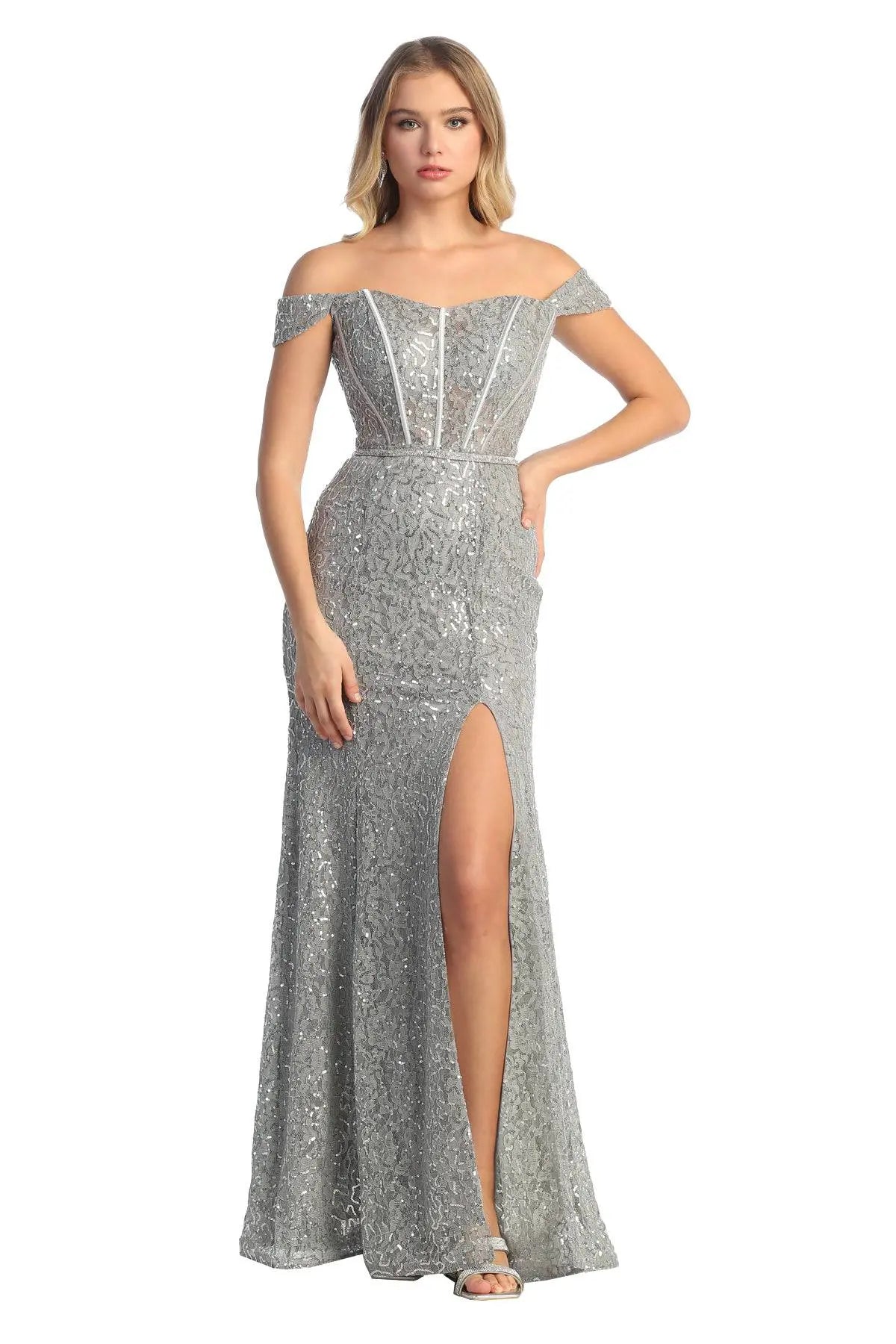 Cindy Collection 1761 Off Shoulder Sequin Corset Dress with Shimmering Details