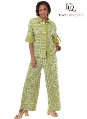 Celery Geometric Print Jacket and Wide Leg Pant Set By Love The Queen 17656