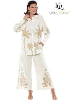 White Palm Embroidered Jacket and Wide Leg Pant Set By Love The Queen 17658