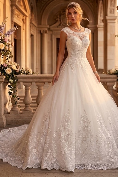 DeKlaire 456 A-Line Wedding Dress with Scoop Neck, Cap Sleeves & Chapel Train