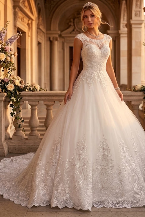 DeKlaire 456 A-Line Wedding Dress with Scoop Neck, Cap Sleeves & Chapel Train