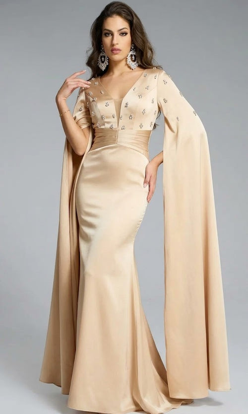 Jovani 43830 Beaded V-Neck Gown with Capesleeves