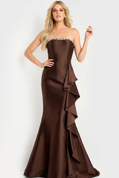Mermaid Evening Gown with Crystal Trim Cascading Side Ruffle & Train Formal Dress by Jovani 45586