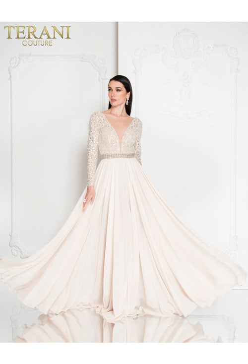 Terani Couture 1812m6650 Long A-line Lace Evening Gown With Beaded Details