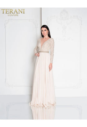 Terani Couture 1812M6650 Elegant Evening A-Line Beaded Long Formal Lace Chiffon Dress