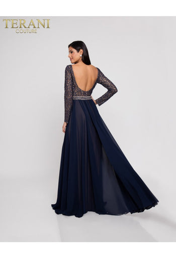 Terani Couture 1812m6650 Long A-line Lace Evening Gown With Beaded Details