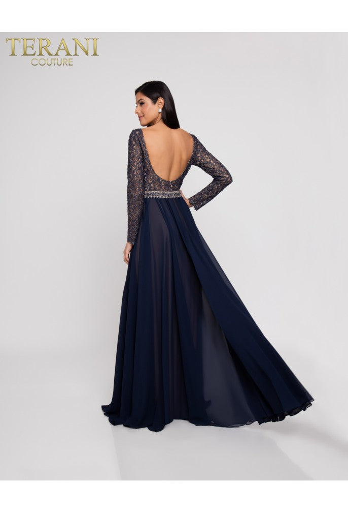 Terani Couture 1812m6650 Long A-line Lace Evening Gown With Beaded Details