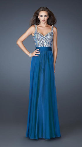 La Femme 18713 Beaded Queen Anne Neck A-Line Dress