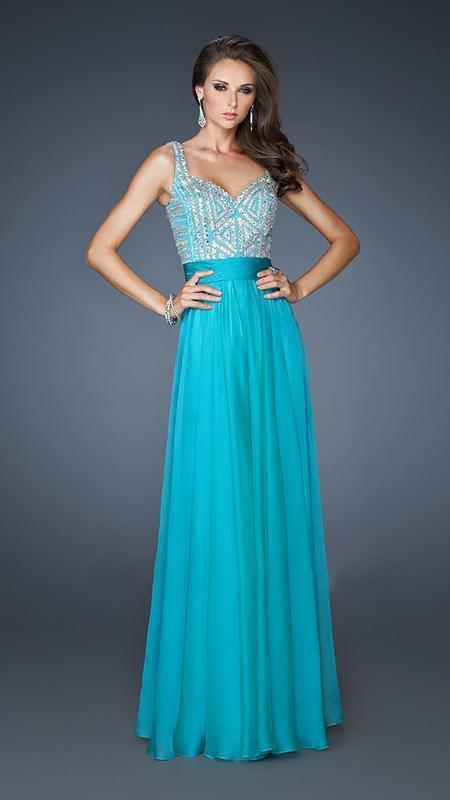 La Femme 18713 Beaded Queen Anne Neck A-Line Dress