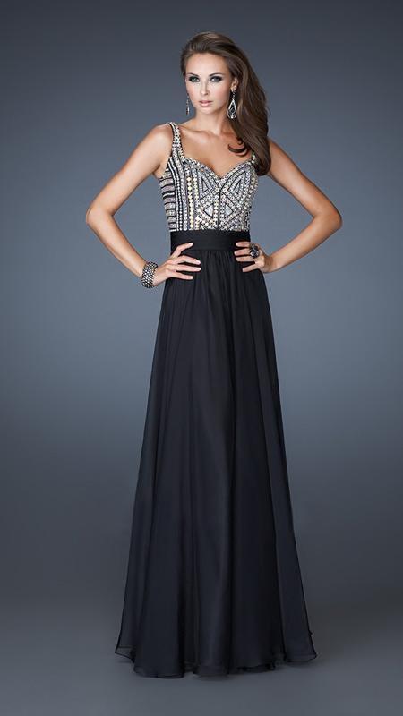 La Femme 18713 Beaded Queen Anne Neck A-Line Dress