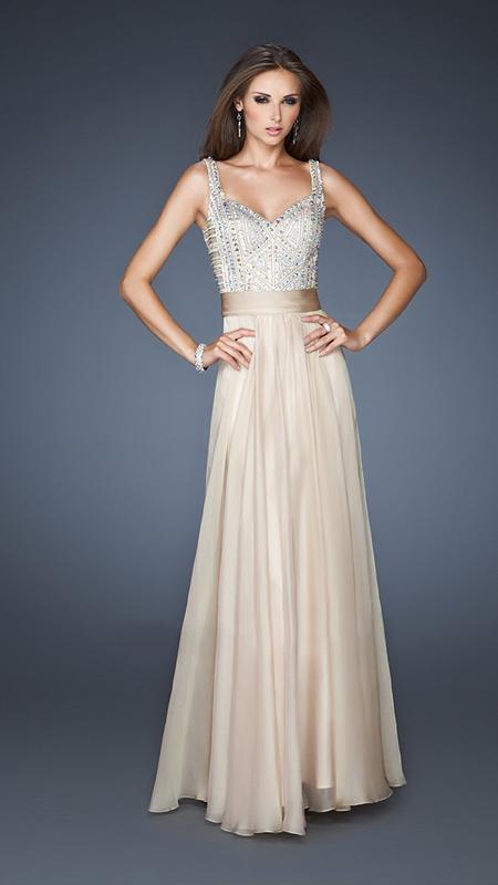 La Femme 18713 Beaded Queen Anne Neck A-Line Dress