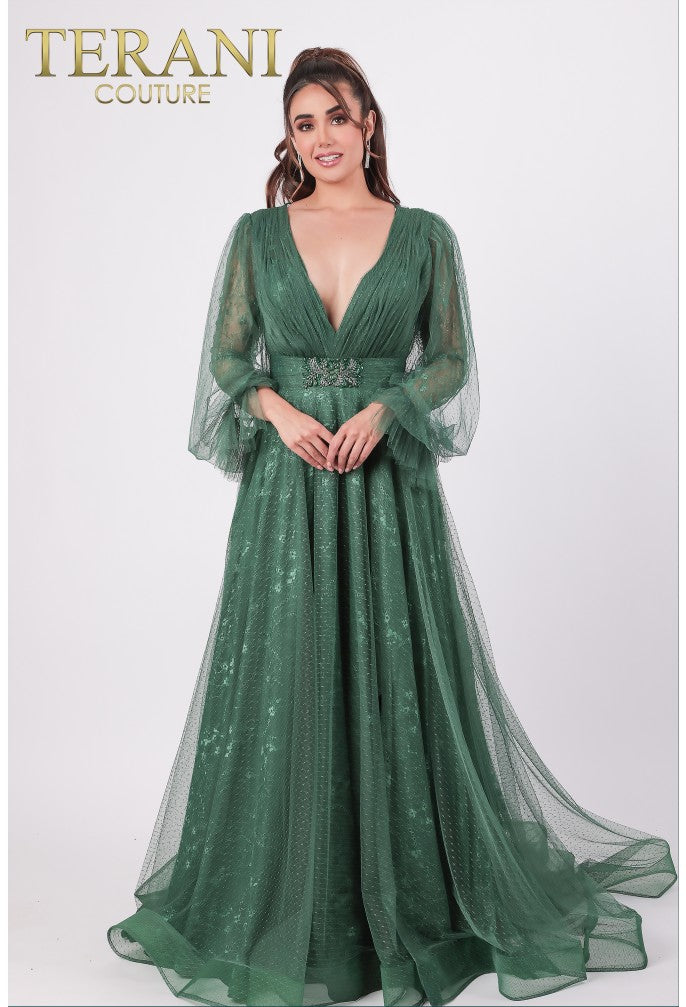 Terani Couture 1913M9414 Long Formal Dress with V-Neck