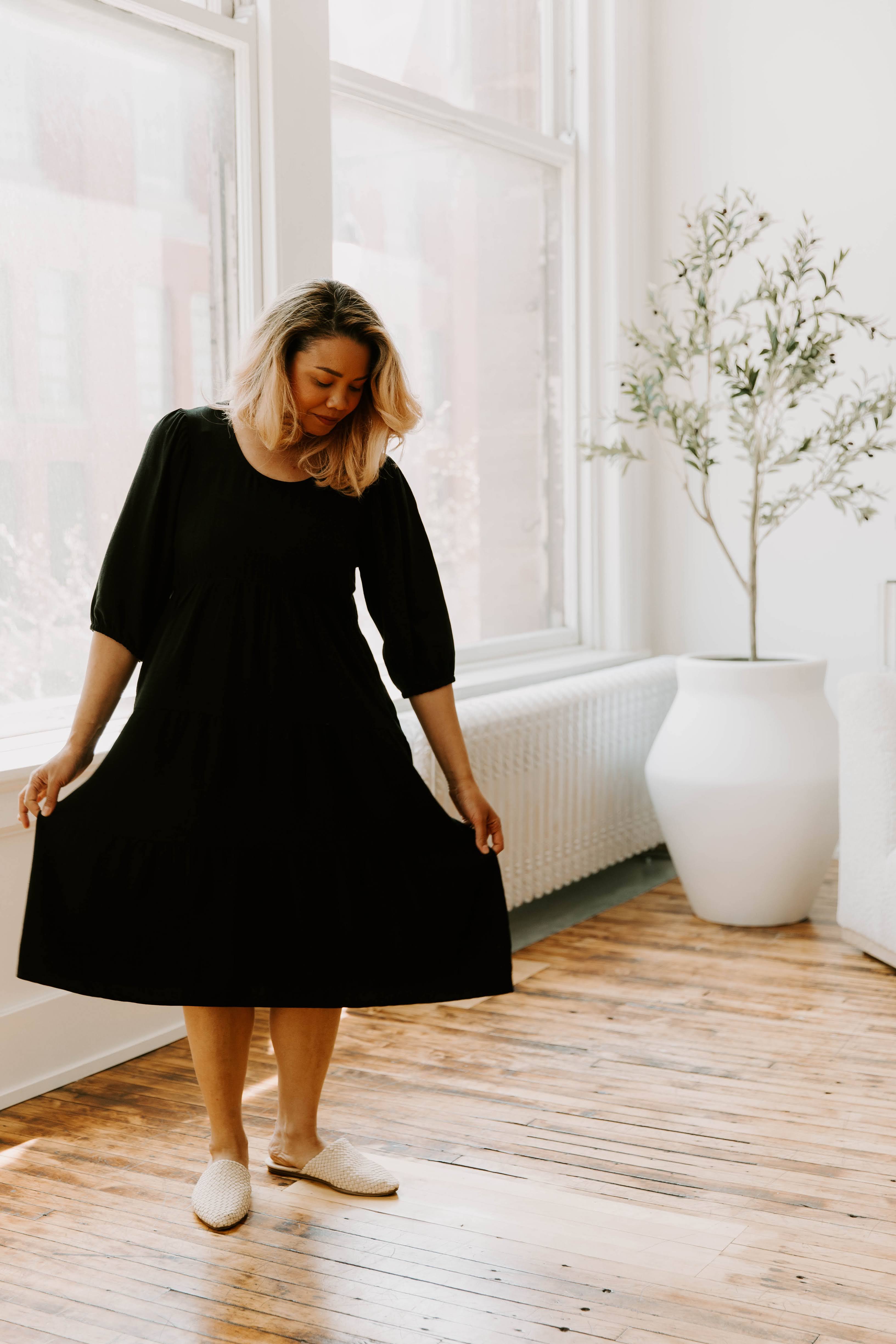 Black Short Sleeve Tea Length Maternity Tiered Breastfeeding Dress with Panel