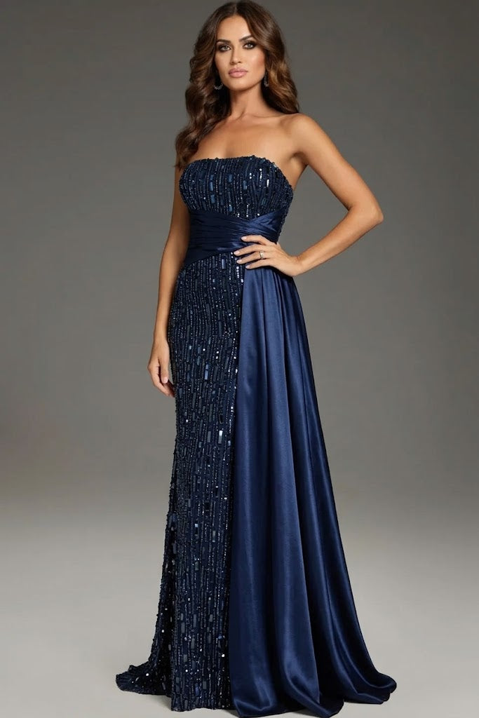 Strapless Sequin Evening Gown with Satin Waist Wrap & Open Back Formal Prom Dress by Jovani 42427