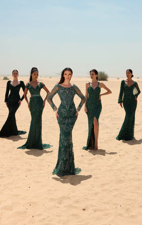 Chic and Holland HF110049 Long Sleeve Beaded Evening Gown