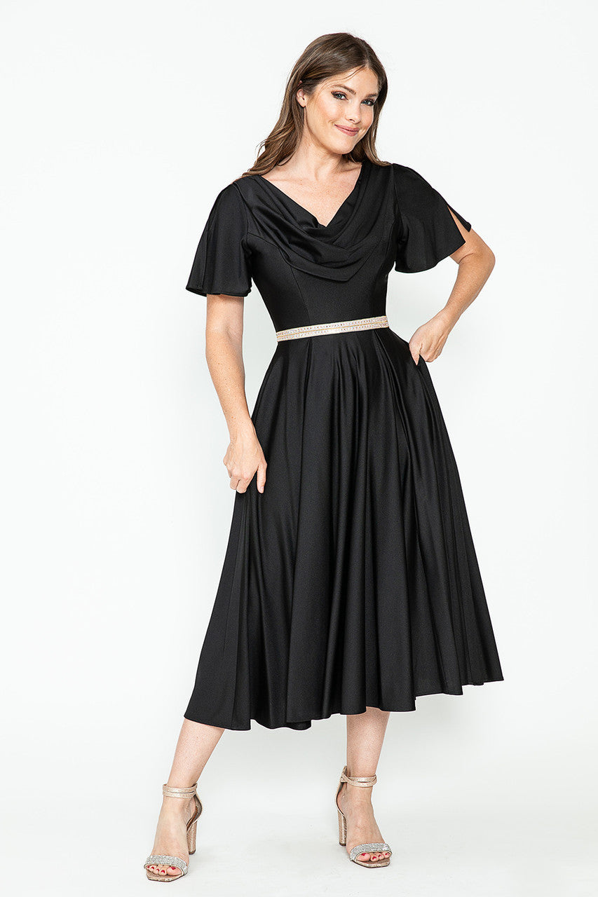 Lenovia 5296 Short Sleeve Satin Cowl Neck Tea Length Dress